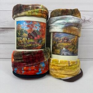 lot of 2 Red Shed Raschel Throw Blankets 80x60 Farmhouse Barn Autumn Scenic